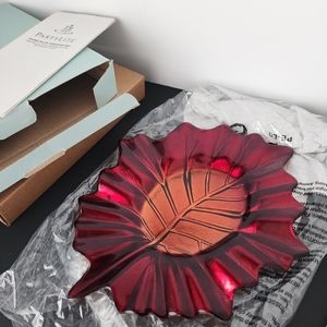 PartyLite Pillar Candle Holder Indian Summer Autumn Leaf  Glass Dish Gold NIB